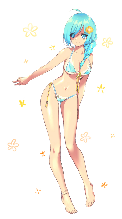 1girl, ahoge, bad_id, bad_pixiv_id, bikini, bikini_tan, blue_bikini, blue_eyes