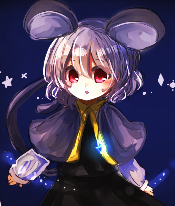 1girl, animal_ears, blue_background, capelet, female_focus, grey_hair, mayo_(mayomr29), mouse_ears