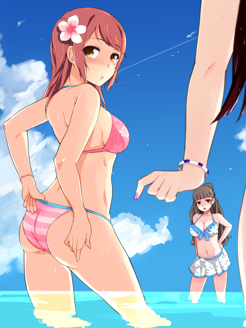 10s, 3girls, absurdres, adjusting_clothes, adjusting_swimsuit, alternate_hairstyle, ass, bad_id
