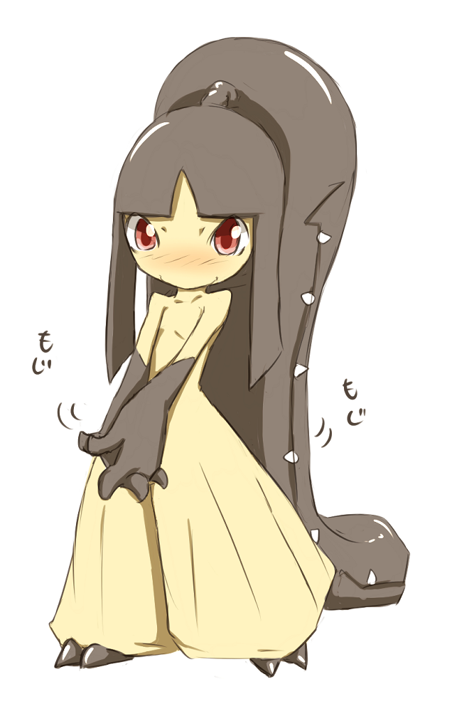 black_hair, blush, gen_3_pokemon, itokayu, mawile, nintendo, no_humans, pokemon, pokemon_(creature), red_eyes, simple_background, solo, teeth, white_background