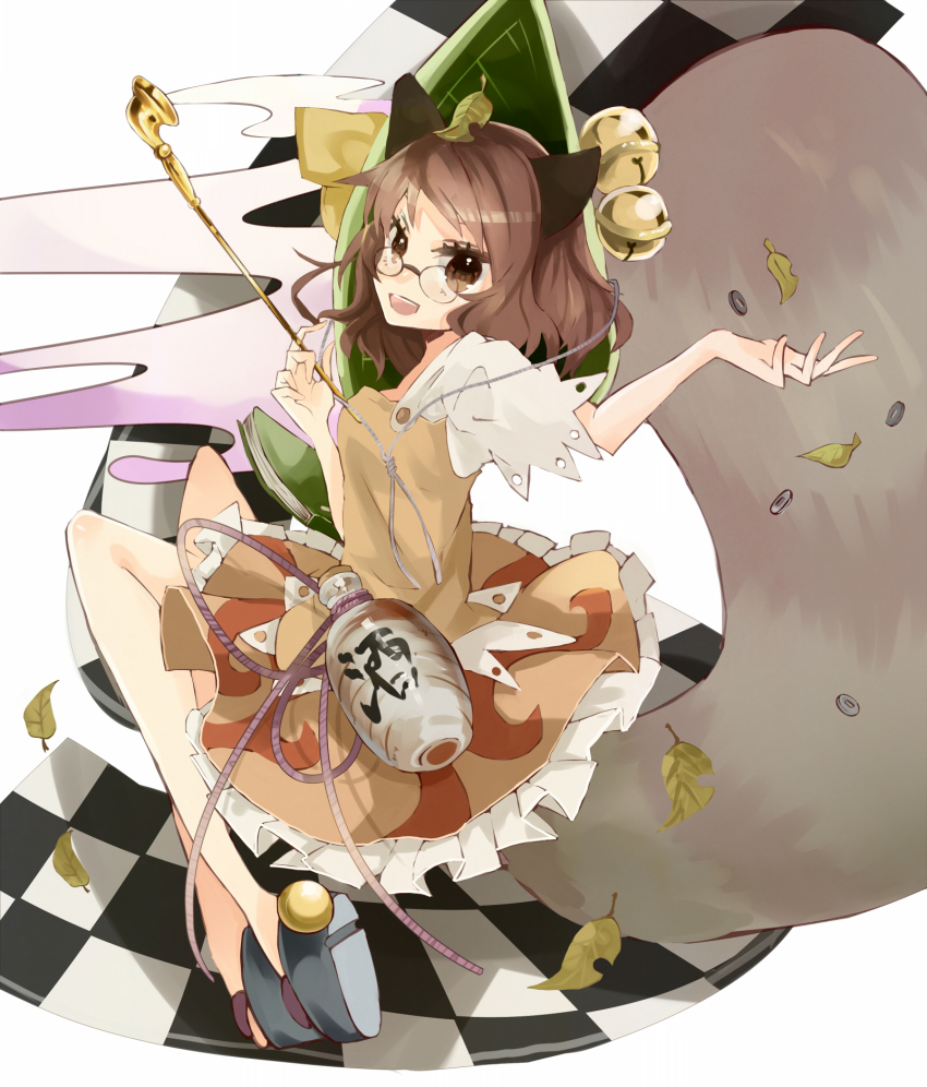 1girl, animal_ears, bell, brown_eyes, brown_hair, coin, futatsuiwa_mamizou, glasses
