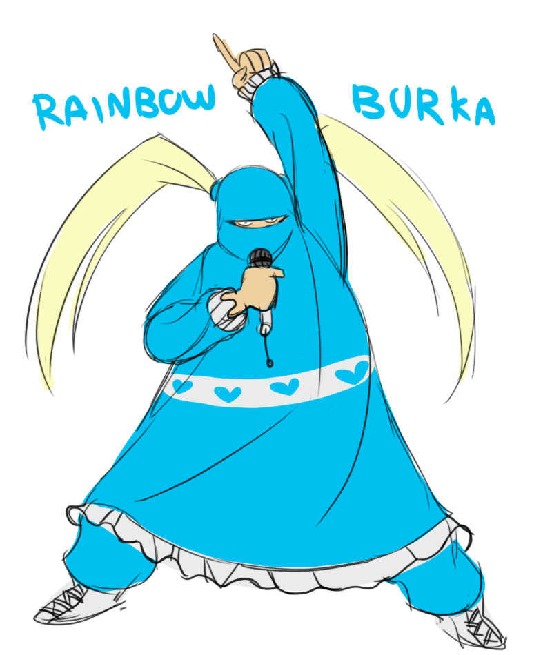 1girl, adapted_costume, arm_up, blonde_hair, burqa, commentary, covered_face, female_focus, full_body, greenmarine, heart, long_hair, microphone, pointing, pointing_up, pun, rainbow_mika, simple_background, sketch, solo, street_fighter, street_fighter_v, twintails, what