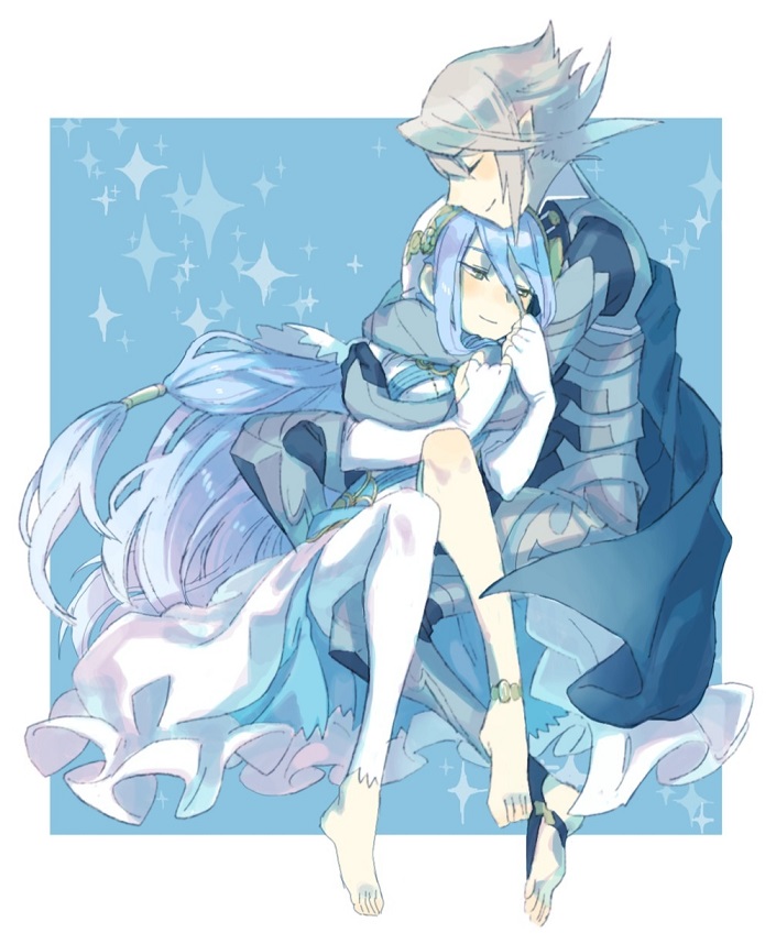 1boy, 1girl, aisutabeta, aisutabetao, anklet, armor, azura_(fire_emblem), bad_id