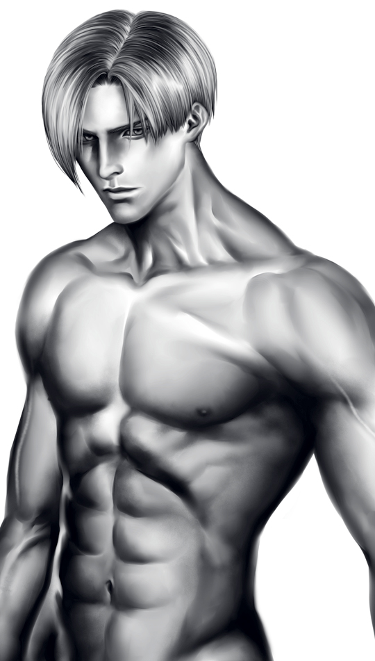 1boy, abs, curtained_hair, greyscale, leon_s._kennedy, male_focus, manly, mayu_(mt_x_my), monochrome, muscular, navel, nude, out-of-frame_censoring, resident_evil, solo, upper_body, veins