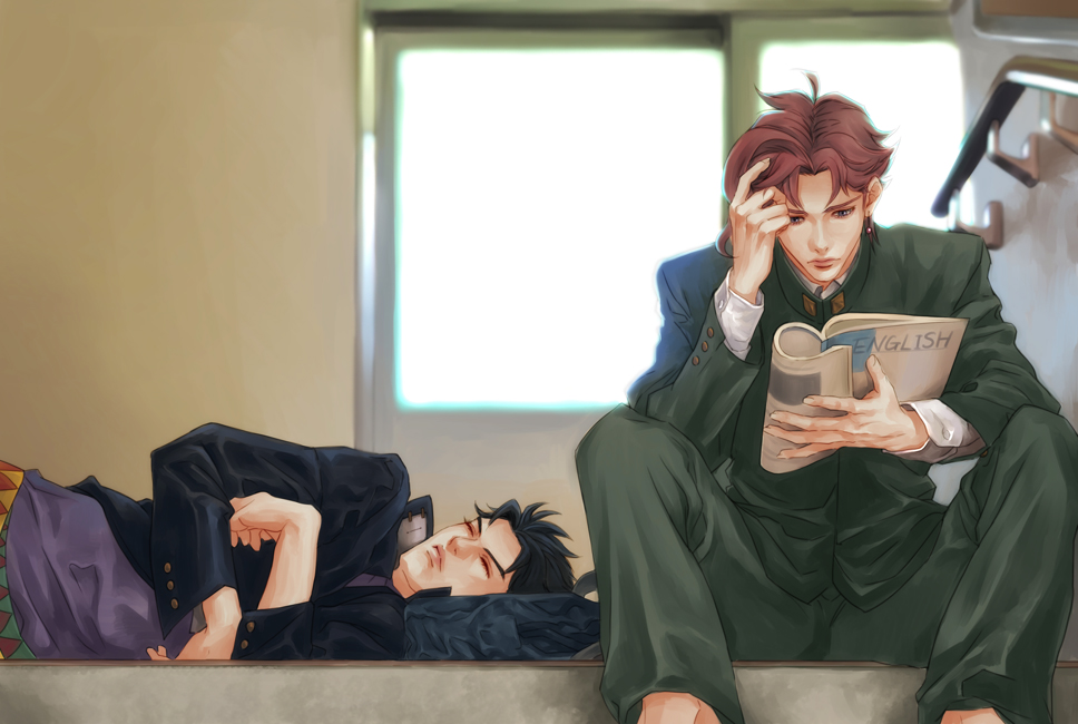2boys, ahoge, book, earrings, gakuran, hand_on_head, holding, holding_book, jewelry, jojo_no_kimyou_na_bouken, kakyoin_noriaki, kuujou_joutarou, light, lying, male_focus, mayu_(mt_x_my), multiple_boys, on_side, red_hair, school_uniform, sitting, sleeping, slice_of_life, stairs, studying, window