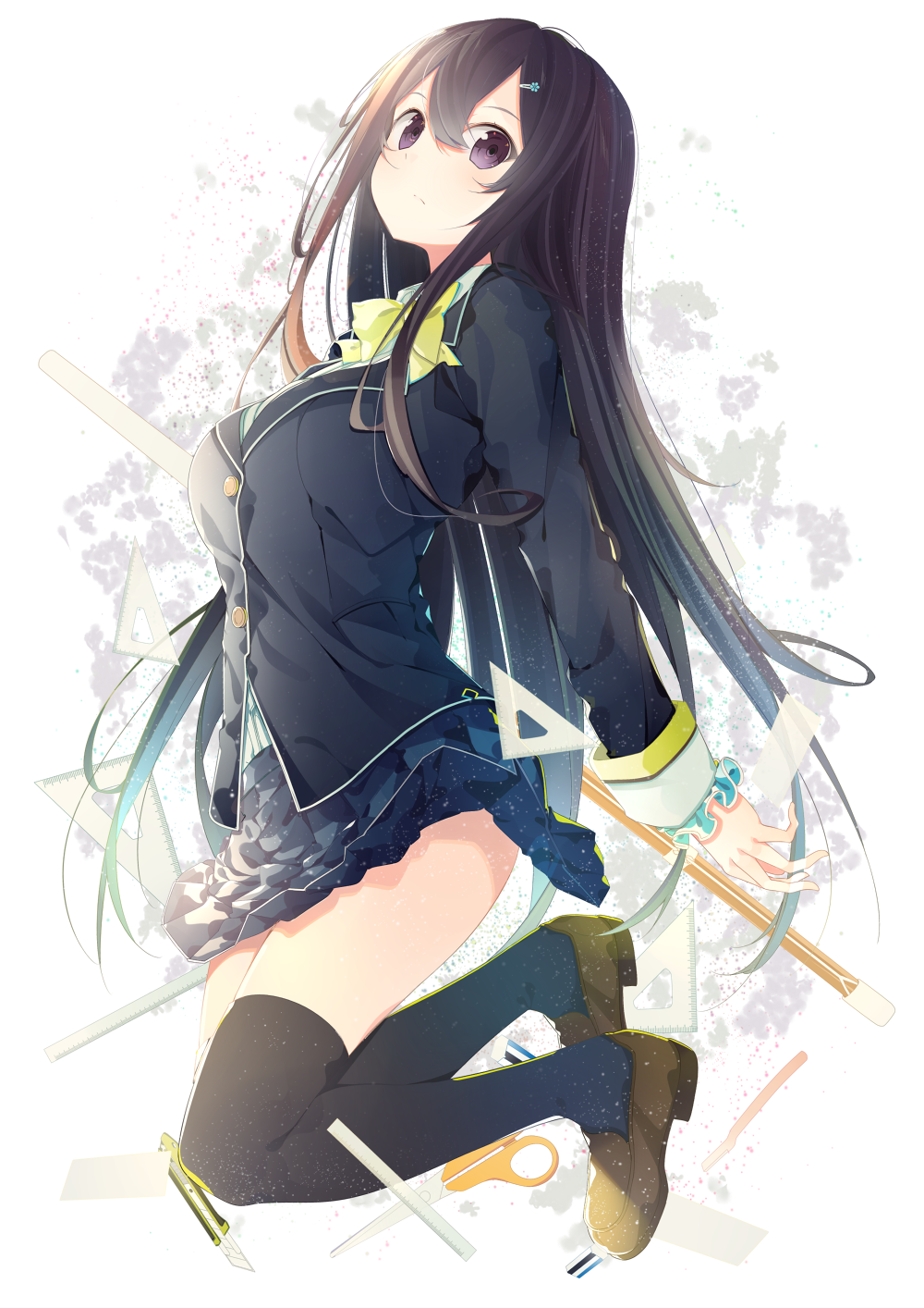 1girl, benio_(dontsugel), black_hair, black_thighhighs, blush, boxcutter, cardigan, female_focus