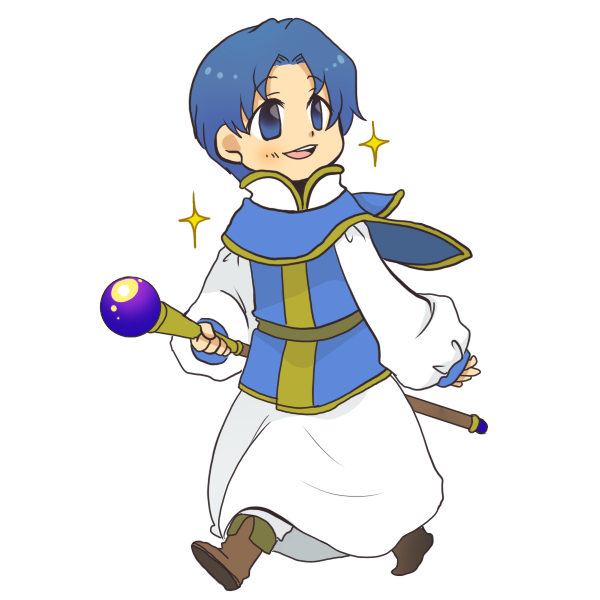 1boy, blue_eyes, blue_hair, boots, cape, charlot_(fire_emblem), chibi, fire_emblem, fire_emblem:_genealogy_of_the_holy_war, male_focus, matching_hair/eyes, nintendo, open_mouth, solo, staff, transparent_background