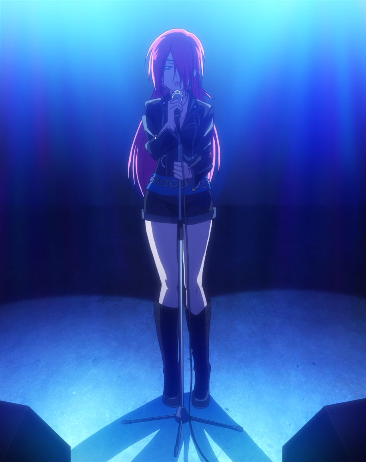 10s, 1girl, anime_screenshot, black_boots, blue_eyes, boots, charlotte_(anime), female_focus, gradient_background, hair_over_one_eye, highres, knee_boots, long_hair, microphone, microphone_stand, red_hair, sara_shane, sarah_shane, solo
