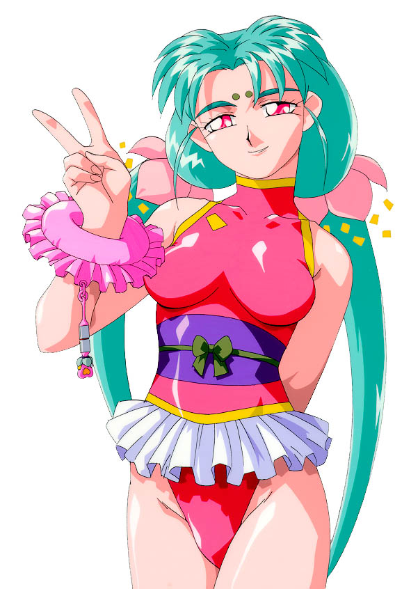 1990s_(style), 1girl, aqua_hair, arm_behind_back, blue_hair, facial_mark, female_focus, forehead_mark