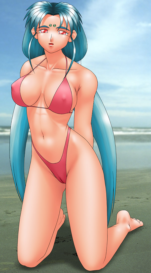 1girl, beach, bikini, blue_hair, day, facial_mark, female_focus, forehead_mark