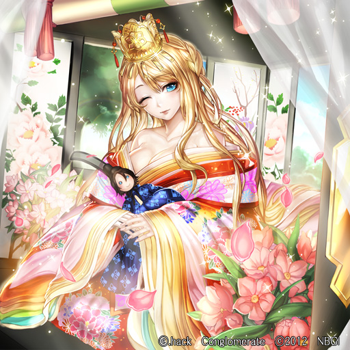 .hack//, 10s, 1girl, 2012, aaron_(guilty_dragon), bare_shoulders, blonde_hair, blue_eyes, bouquet, box_(hotpppink), braid, breasts, character_doll, cleavage, collarbone, crown, curtains, doll, female_focus, flower, guilty_dragon, iria_(guilty_dragon), japanese_clothes, long_hair, one_eye_closed, petals, solo