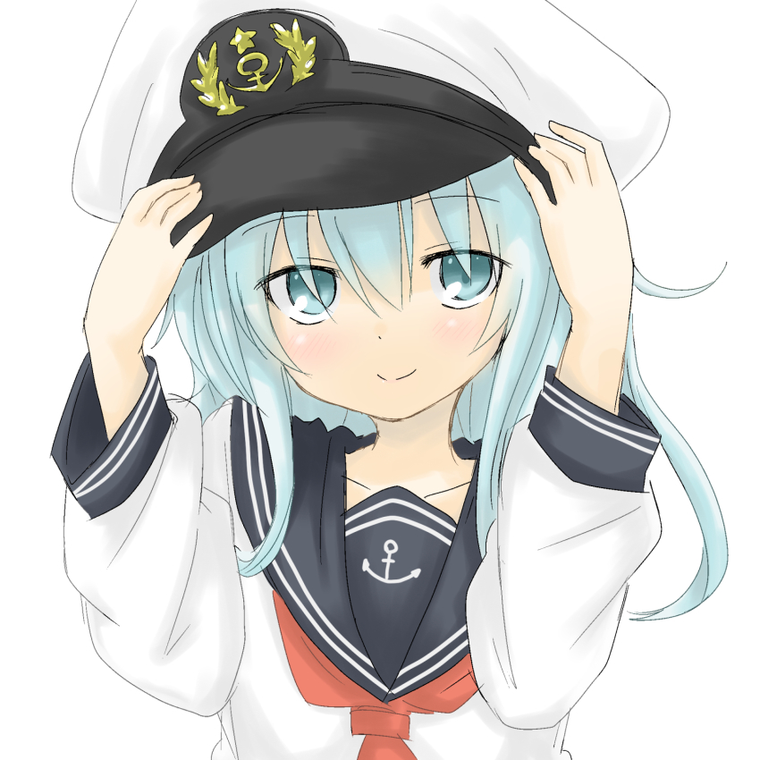 10s, 1girl, blue_eyes, blush, commentary_request, female_focus, hat, hibiki_(kancolle), highres, kantai_collection, long_hair, looking_at_viewer, nemuri_oto_yume, sailor_collar, school_uniform, serafuku, silver_hair, simple_background, smile, solo