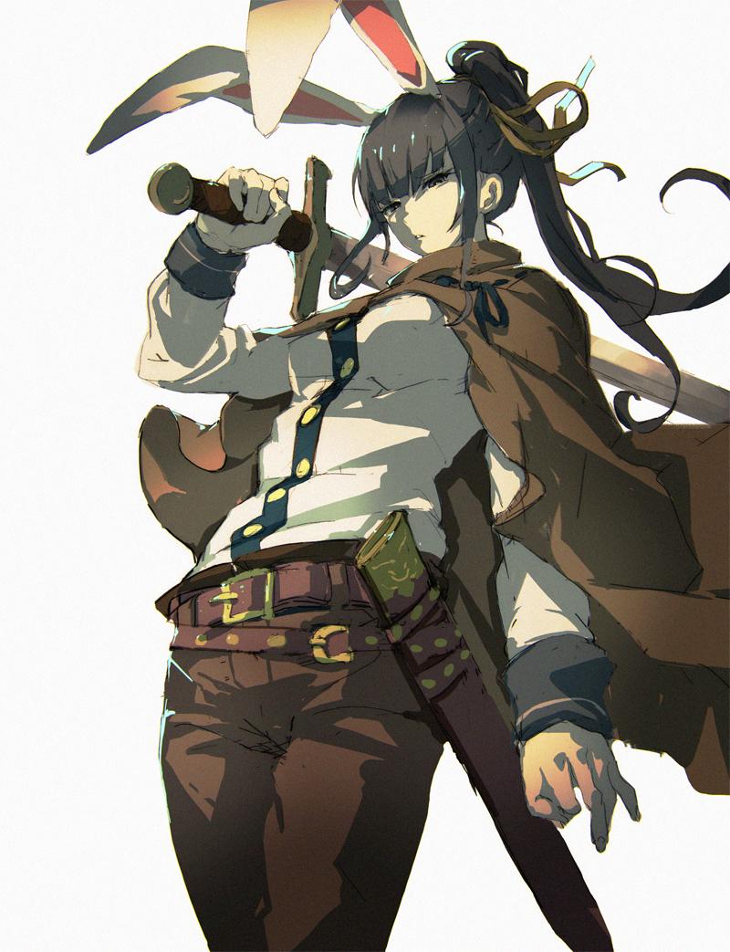 1girl, animal_ears, belt, blunt_bangs, cloak, disgust, female_focus, long_hair