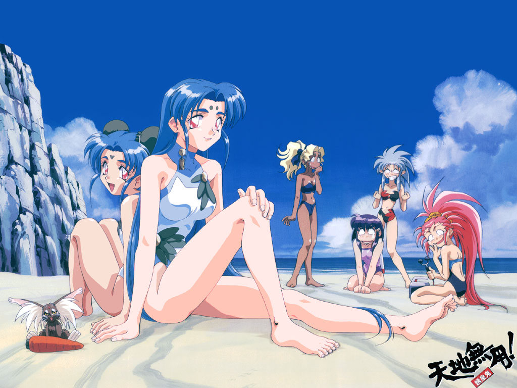 1990s_(style), 6+girls, back-to-back, barefoot, beach, bikini, blonde_hair, blue_hair