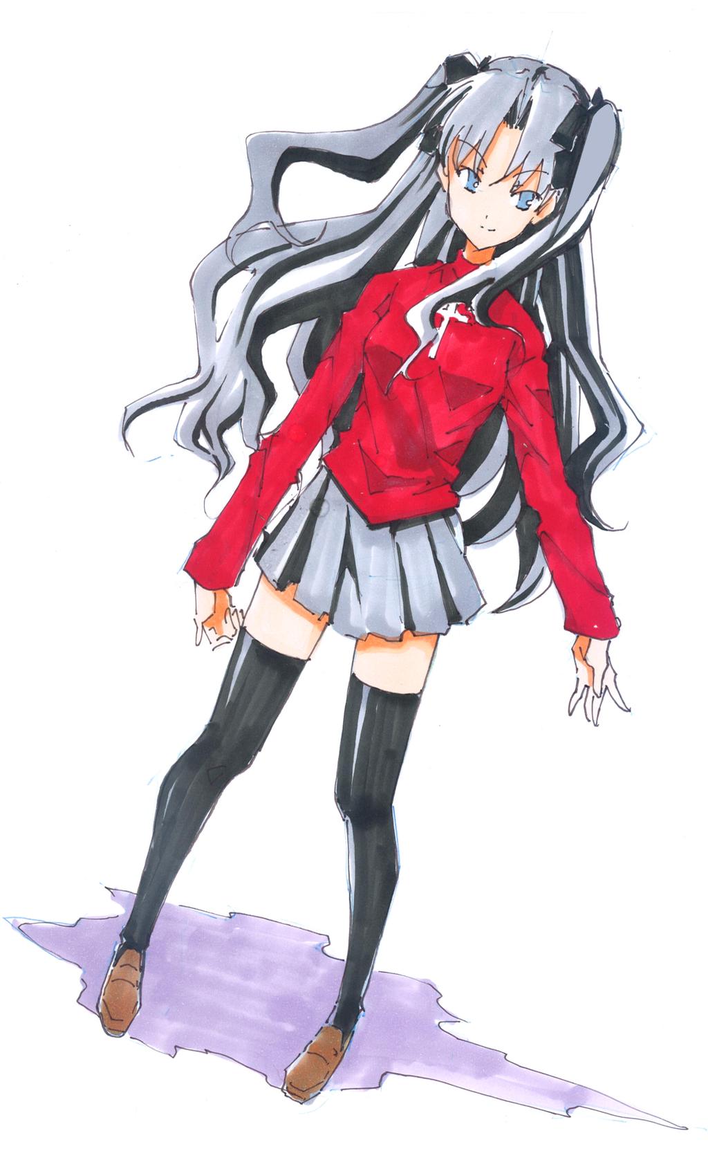 1girl, black_hair, black_ribbon, black_skirt, blue_eyes, fate/stay_night, fate_(series), female_focus