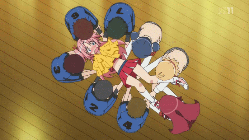 10s, 2girls, 6+boys, albertina_the_2nd, animated, animated_gif, arikawa_hime, blue_eyes, blush, cheerleader, crossdressing, from_above, himegoto, indoors, long_hair, midriff, multiple_boys, multiple_girls, navel, pink_hair, pom_pom_(cheerleading), sadako_(himegoto), screencap, skirt, trap, twintails