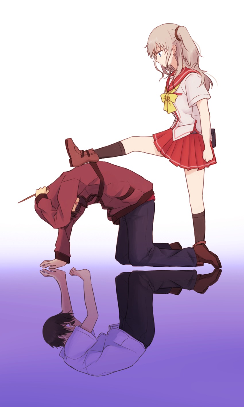 10s, 1boy, 1girl, blue_eyes, charlotte_(anime), different_reflection, dual_persona, gradient_background, highres, long_hair, otosaka_yuu, reflected_worlds, reflection, school_uniform, serafuku, skirt, sunohara_(marble0131), tears, tomori_nao, twintails, two_side_up