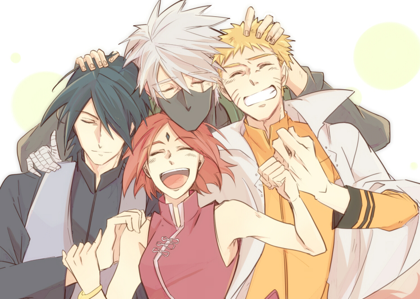 1girl, 3boys, bad_id, bad_pixiv_id, black_hair, blonde_hair, closed_eyes, haruno_sakura, hatake_kakashi, mask, multiple_boys, naruto_(classic), naruto_(series), pink_hair, scar, short_hair, silver_hair, simple_background, smile, team_7_(naruto), uchiha_sasuke, uzumaki_naruto, yuuki_chitose