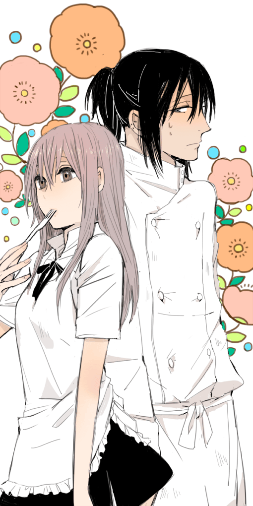 1boy, 1girl, adachi_masahiro, apron, black_hair, brown_hair, chef, fork