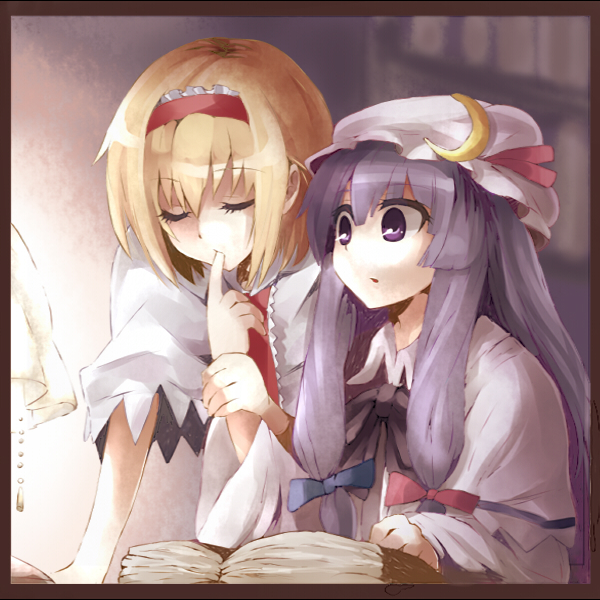 2girls, alice_margatroid, blonde_hair, book, closed_eyes, female_focus, finger_in_mouth, finger_sucking