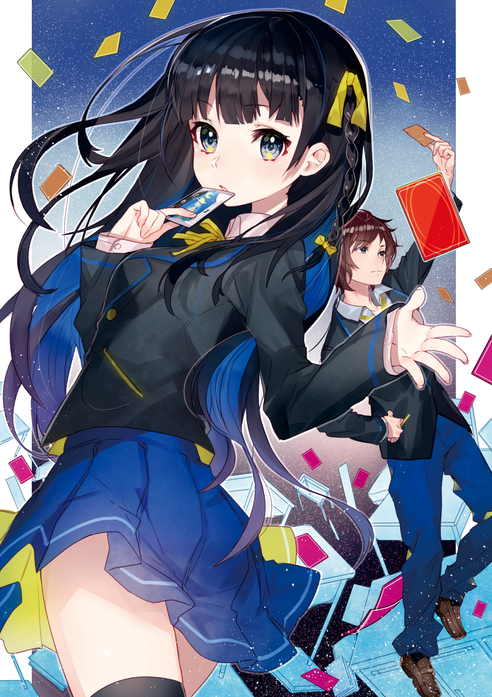 1boy, 1girl, black_eyes, black_hair, black_thighhighs, braid, brown_hair, card