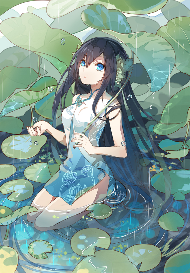 1girl, black_hair, blue_eyes, china_dress, chinese_clothes, dress, female_focus, flower