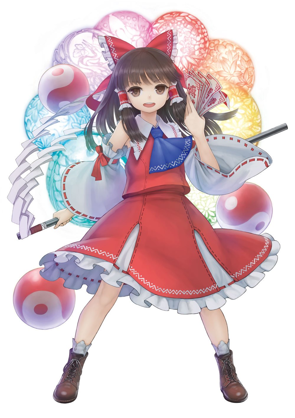 1girl, ascot, boots, bow, brown_eyes, brown_hair, detached_sleeves, female_focus