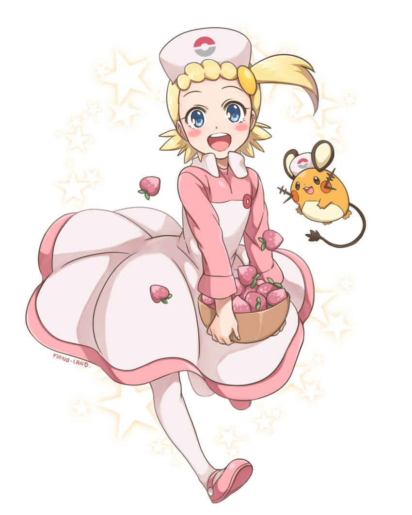 10s, 1girl, artist_name, asymmetrical_hair, basket, berry_(pokemon), blonde_hair, blue_eyes