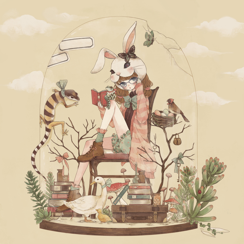 1girl, adjusting_eyewear, animal, animal_hat, bird, blush, book, bow