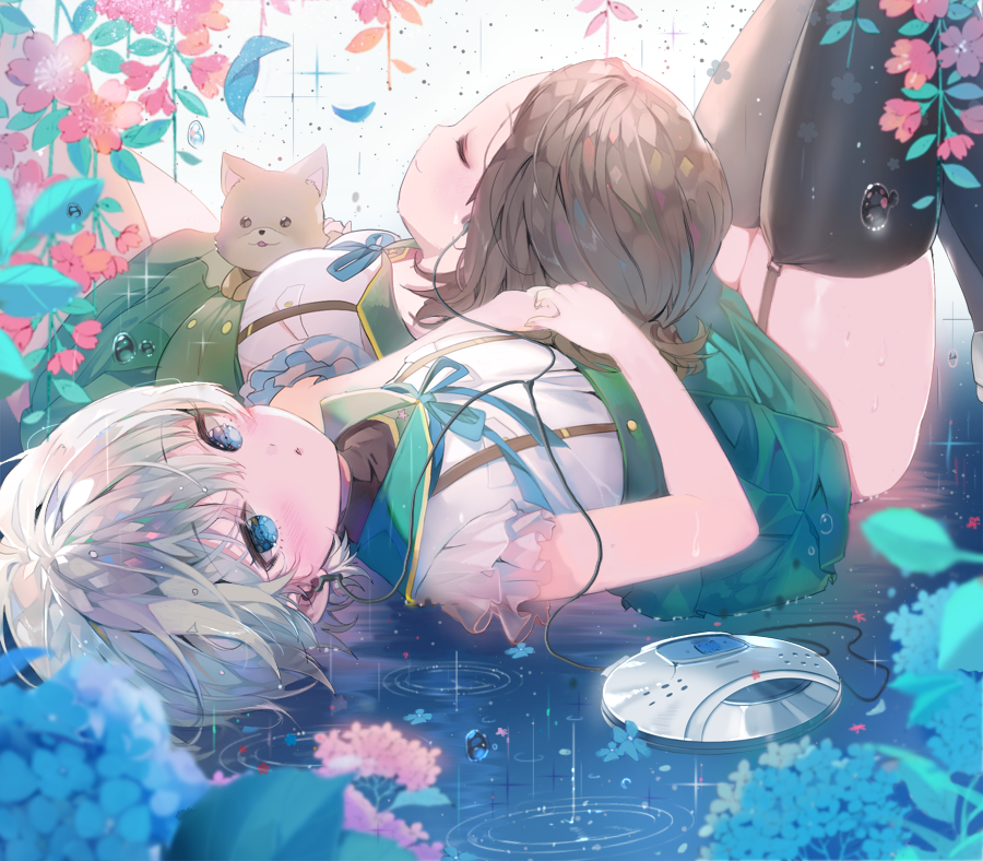 10s, 2girls, baby_animal, black_legwear, blue_eyes, brown_hair, cd_player, cd_walkman, closed_eyes, dog, earphones, flower, gakkou_gurashi!, garter_straps, hydrangea, lap_pillow, looking_at_viewer, lying, multiple_girls, naoki_miki, on_back, puppy, repi, school_uniform, shared_earphones, shidou_kei, shirt, silver_hair, skirt, suspenders, taroumaru_(gakkou_gurashi), thighhighs, wakasa_yuuri, water_drop, zettai_ryouiki