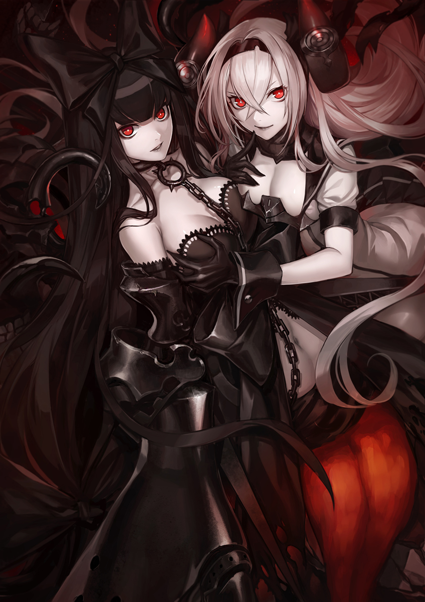 10s, 2girls, abyssal_ship, air_defense_princess, bare_shoulders, black_bow, black_gloves, black_hair, bow, breasts, chain, choker, claws, cleavage, colored_skin, crossed_bangs, gloves, gothic_lolita, grabbing_another's_breast, gradient_background, groping, hair_bow, hairband, highres, horns, infukun, kantai_collection, large_breasts, lolita_fashion, long_hair, looking_at_viewer, multiple_girls, navel, open_mouth, red_eyes, seaplane_tender_princess, smile, very_long_hair, white_hair, white_skin, wrist_cuffs