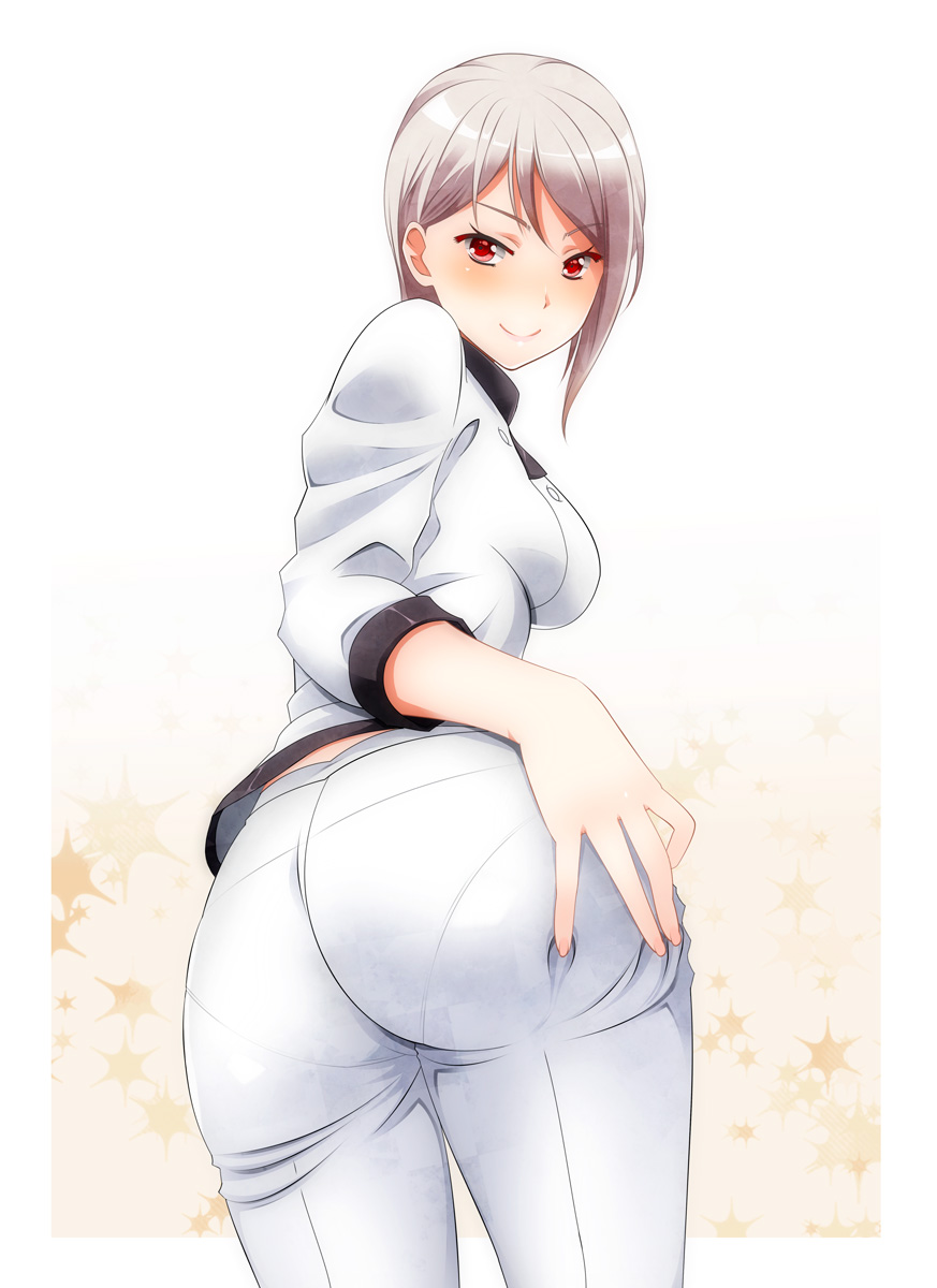 10s, 1girl, ass, breasts, deep_skin, female_focus, grabbing_own_ass, highres, kiko_(okuwae), looking_at_viewer, nakiri_alice, pants, pantylines, red_eyes, shokugeki_no_souma, short_hair, silver_hair, simple_background, skin_tight, smile, solo, tight_clothes, tight_pants, weavehabit
