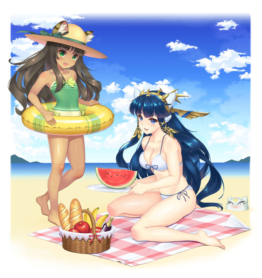 2girls, animal_ears, apple, banana, barefoot, basket, bastet_(p&amp;d), beach, bikini, blue_eyes, blue_hair, bread, breasts, brown_hair, cleavage, dark-skinned_female, dark_skin, day, food, fruit, green_eyes, hairband, hat, hat_ribbon, innertube, isis_(p&amp;d), large_breasts, loneteel, long_hair, medjedra, multiple_girls, ocean, puzzle_&amp;_dragons, ribbon, sitting, sky, small_breasts, swim_ring, swimsuit, tiger_ears, very_long_hair, wariza
