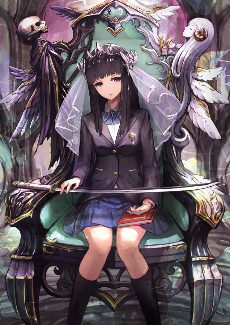 1girl, black_hair, blazer, book, female_focus, jacket, katana, kawahara_ryuuta