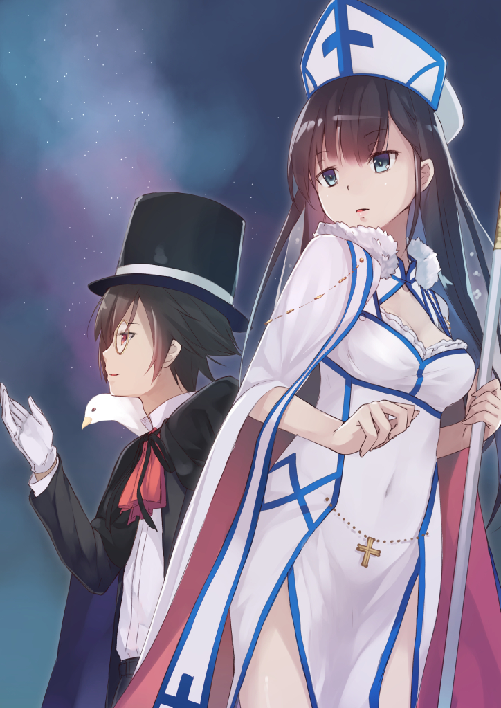 1boy, 1girl, amanuki-san, bird, black_hair, cross, gradient_background, hat