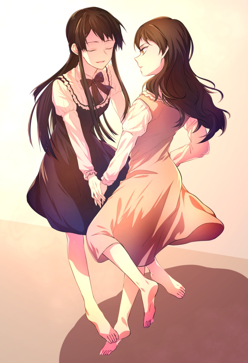 10s, 2girls, :d, barefoot, black_hair, bow, bowtie, brown_eyes, brown_hair, closed_eyes, dress, feet, female_focus, gradient_background, highres, holding_hands, idolmaster, idolmaster_million_live!, kitazawa_shiho, long_hair, long_sleeves, looking_at_another, mogami_shizuka, multiple_girls, open_mouth, pclbang, shadow, shibuya_rin, smile, yuri