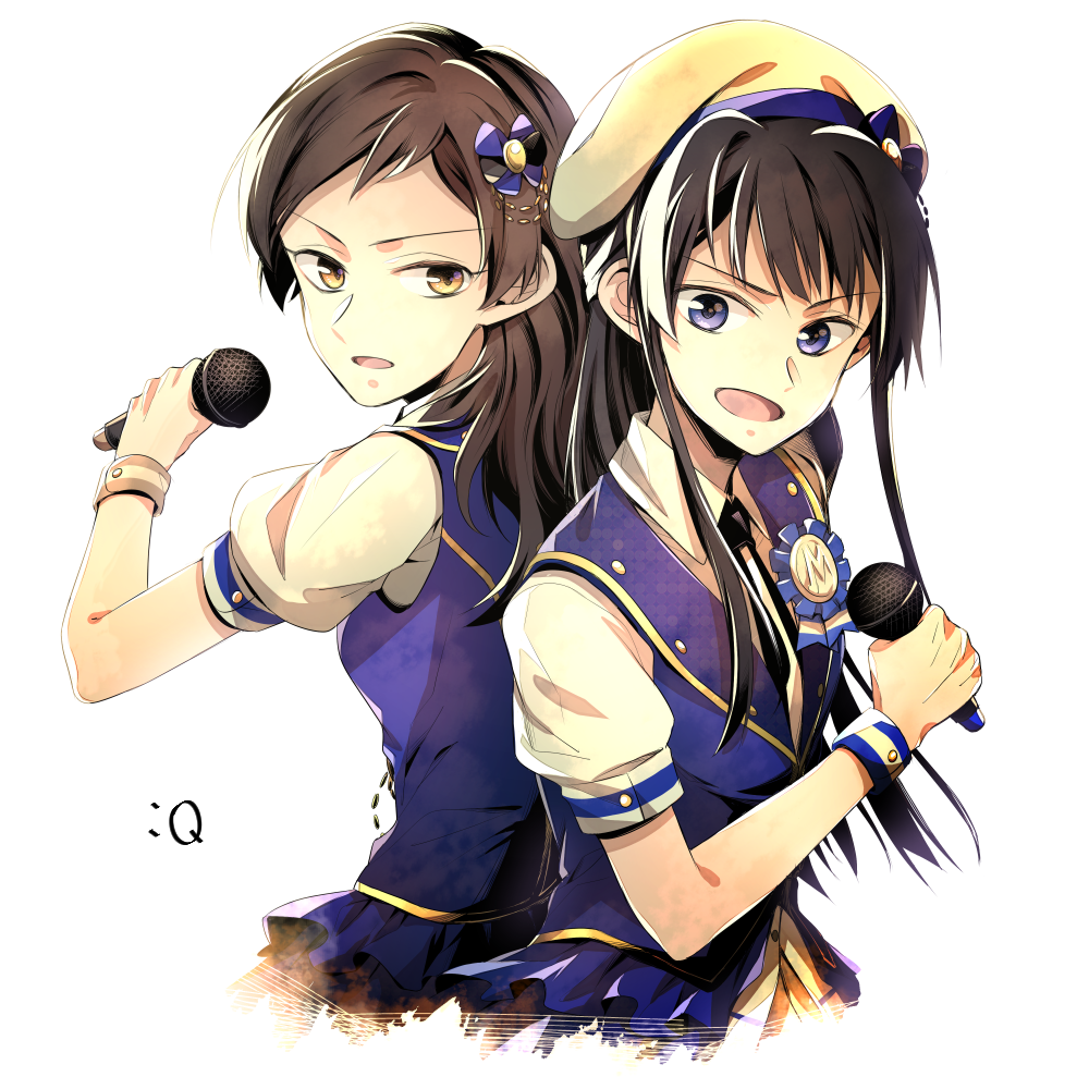 >:d, 10s, 2girls, back-to-back, beret, black_hair, blue_eyes, blue_vest
