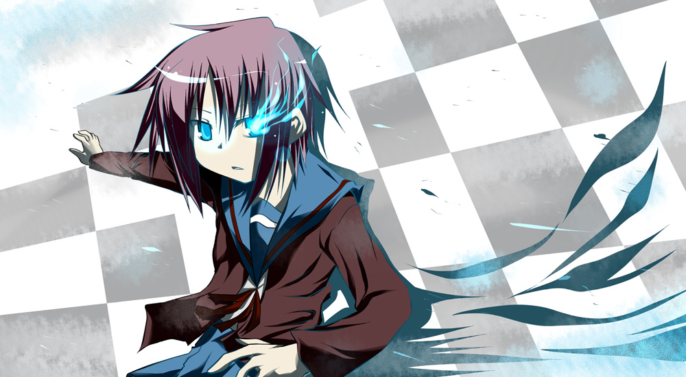 1girl, black_rock_shooter, cardigan, female_focus, glowing, nagato_yuki, parody, rioshi