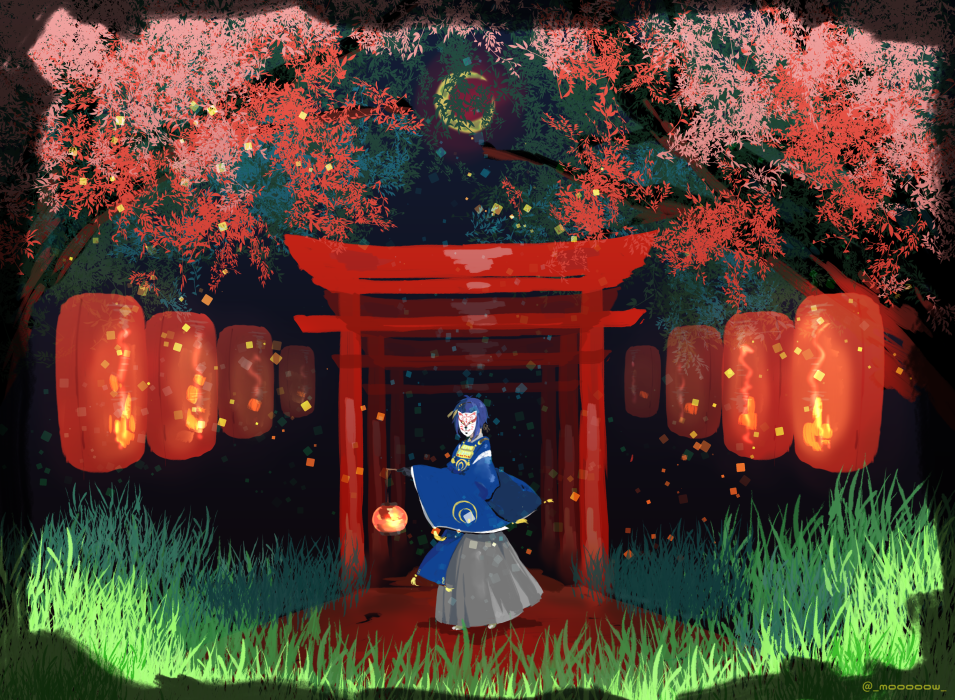 10s, 1boy, blue_hair, crescent_moon, fox_mask, grass, japanese_clothes, lantern