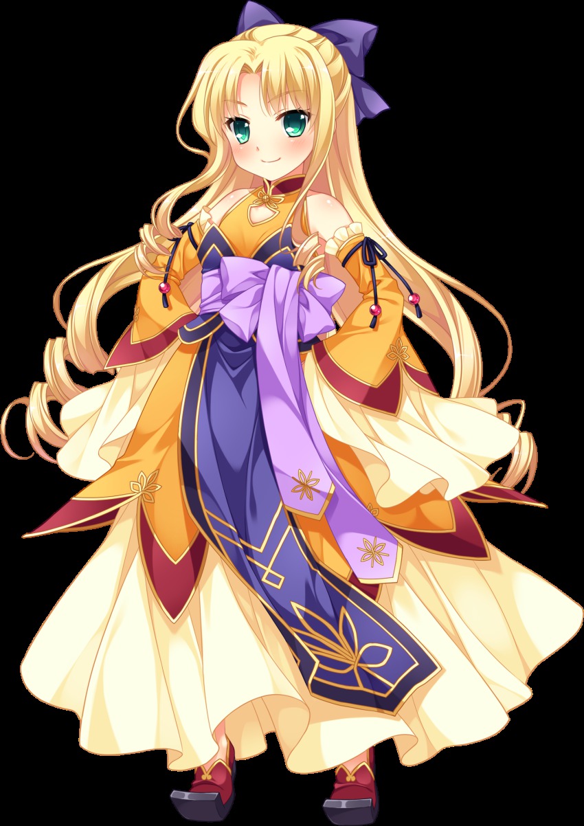 1girl, blonde_hair, bow, curly_hair, detached_sleeves, dress, enjutsu_(koihime_musou), female_focus