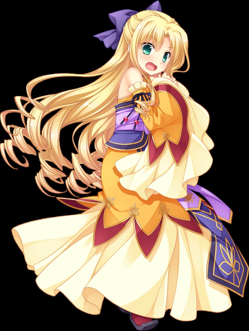 1girl, blonde_hair, bow, covering_breasts, covering_privates, curly_hair, detached_sleeves, dress