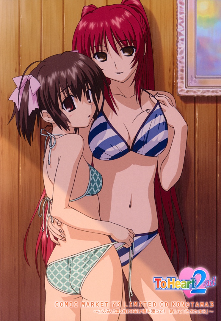 00s, 2girls, ahoge, album_cover, ass, back, bikini, blush