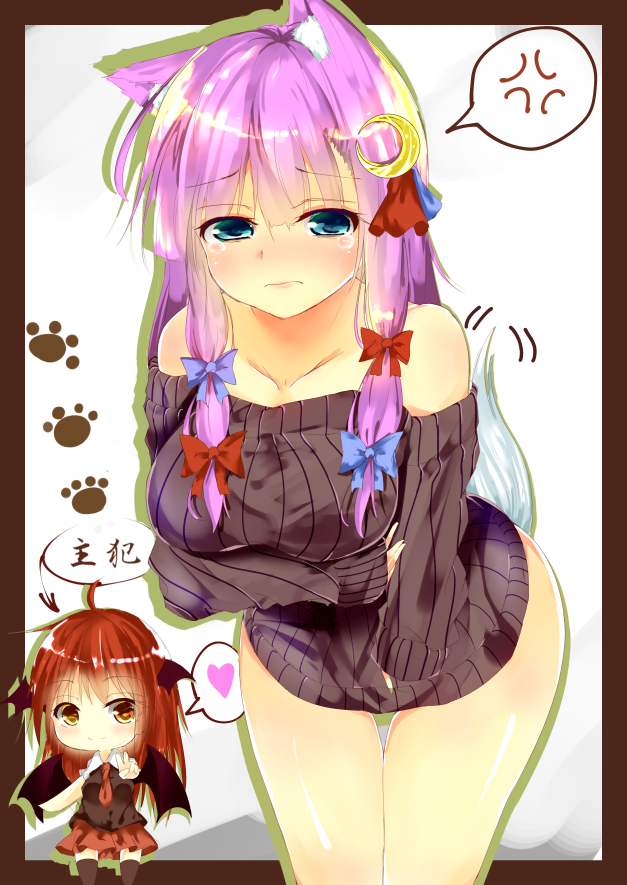 2girls, alternate_costume, anger_vein, animal_ears, bare_shoulders, bat_wings, bent_over, blue_eyes