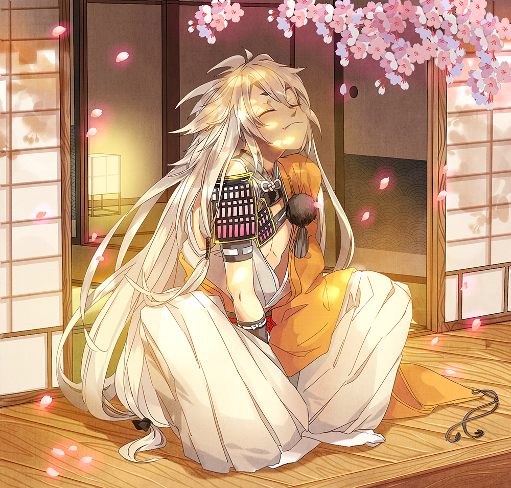 10s, 1boy, armor, cherry_blossoms, closed_eyes, fang, full_body, indian_style, japanese_armor, japanese_clothes, kogitsunemaru, long_hair, low-tied_long_hair, male_focus, okidokei, petals, shoulder_armor, sitting, smile, sode, solo, touken_ranbu, white_hair