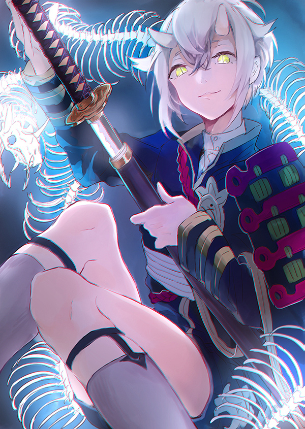 10s, 1boy, armor, bone, chromatic_aberration, green_eyes, grey_socks, historical_revisionist