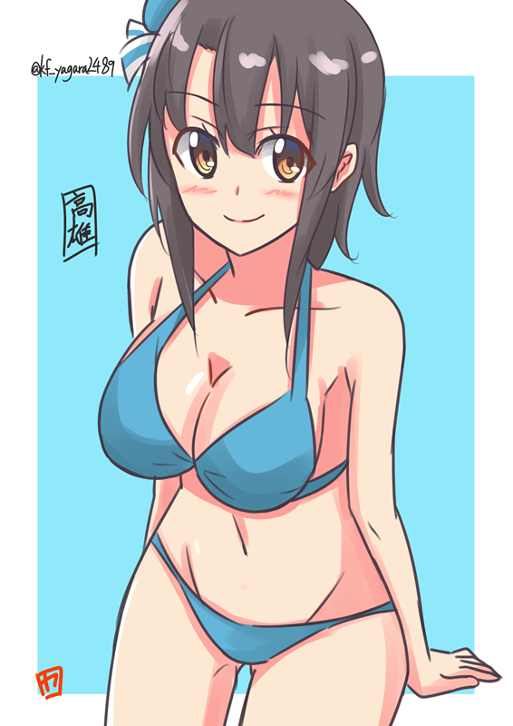 10s, 1girl, beret, bikini, black_hair, blue_background, blue_bikini, blush, border, breasts, brown_eyes, female_focus, hat, kantai_collection, large_breasts, short_hair, simple_background, smile, solo, swimsuit, takao_(kancolle), twitter_username, white_border, yagara_(kishimen_f)