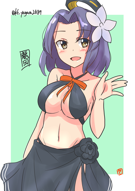 10s, 1girl, \||/, border, cowboy_shot, criss-cross_halter, female_focus, flower