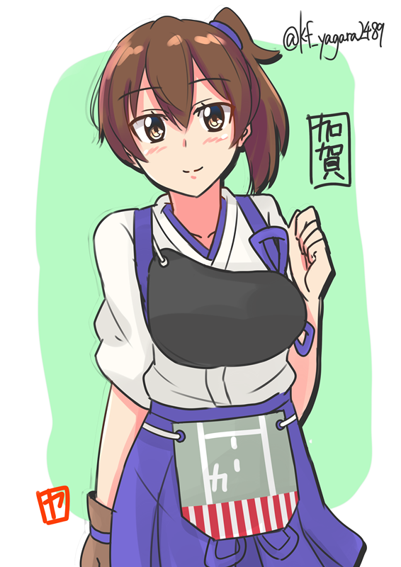 10s, 1girl, blush, border, breasts, brown_eyes, brown_hair, clenched_hand