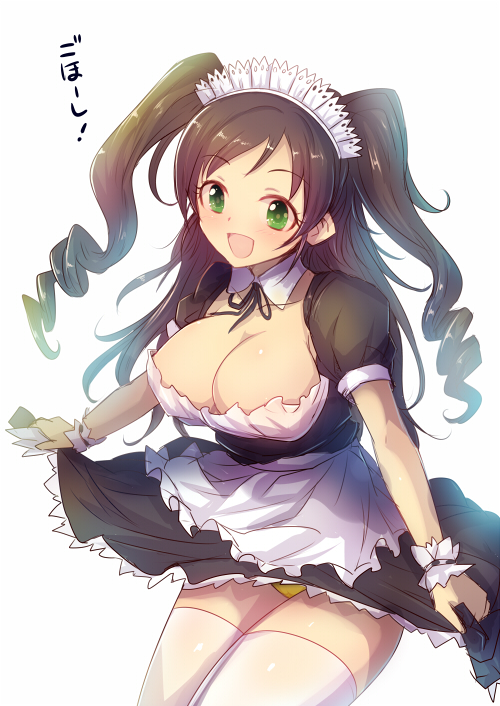 10s, 1girl, :d, alternate_costume, black_hair, breasts, cleavage, clothes_lift, drill_hair, enmaided, female_focus, frills, green_eyes, idolmaster, idolmaster_cinderella_girls, kara_(color), large_breasts, long_hair, maid, maid_headdress, nonomura_sora, open_mouth, panties, pantyshot, simple_background, skirt, skirt_lift, smile, solo, thighhighs, twintails, two_side_up, underwear, white_thighhighs, yellow_panties