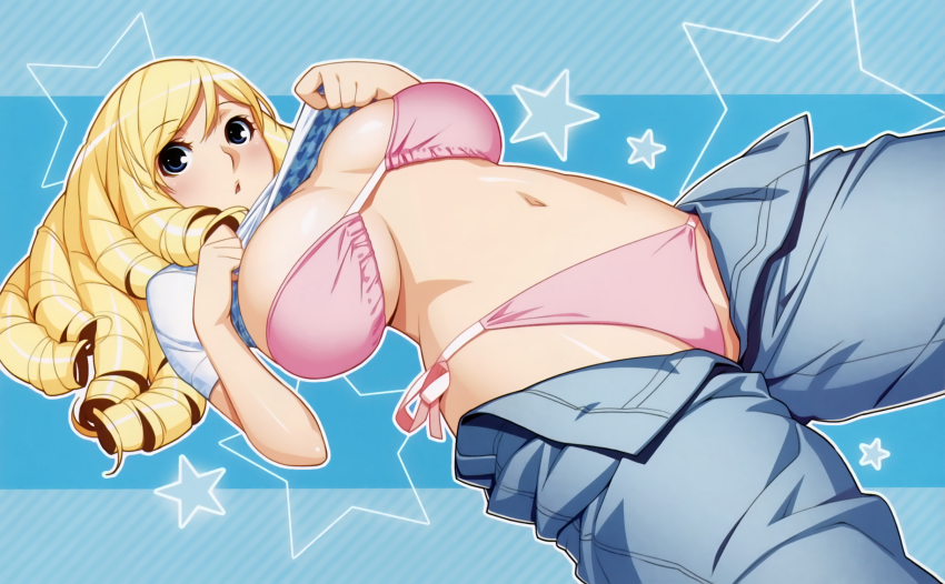 1girl, blonde_hair, blue_eyes, bra, breasts, clothes_lift, denim, drill_hair, female_focus, highres, ino_(magloid), jeans, kareshi_inai_reki_=_nenrei, kujou_ruri, large_breasts, long_hair, navel, open_pants, panties, pants, parted_lips, pink_bra, pink_panties, shirt_lift, solo, star_(symbol), striped_background, underwear